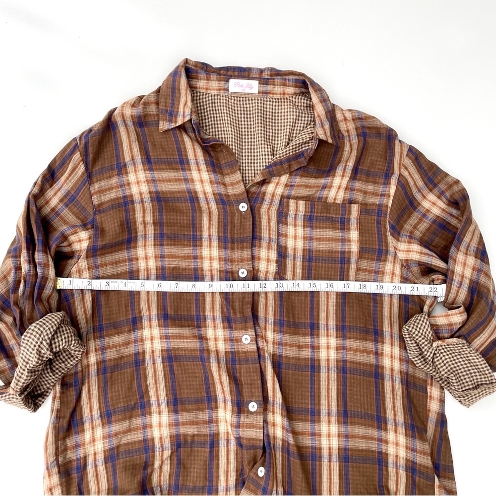 Pink Lily Brown and Blue Plaid Shirt, L